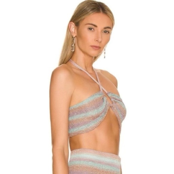 NWT MISA Los Angeles Blanca Shimmer Knit Halter Top Blue Combo Small - Picture 2 of 6